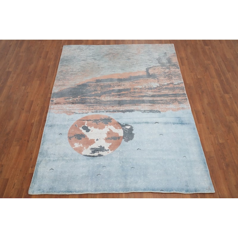 Hand Knotted Oriental Viscose Silk Carpet Modern Pictorial Navy Blue & Blues Abstract Area Rug - 7' 5'' X 5' 6''