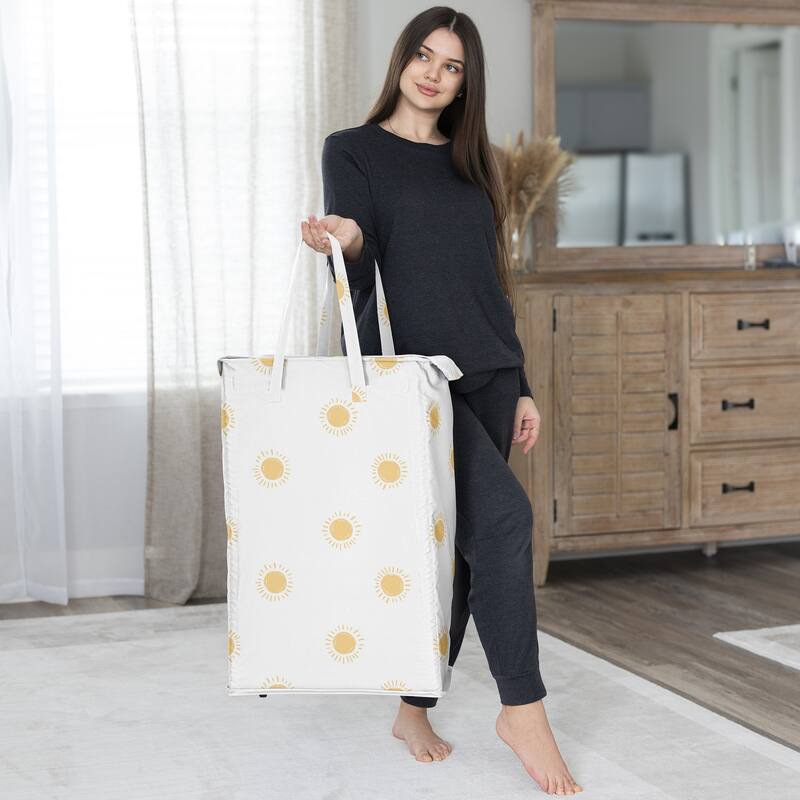 Sweet Jojo Designs White & Yellow Boho Sun Boy, Girl, Unisex/Gender Neutral Foldable Laundry Hamper with Handles - Bohemian, Sky