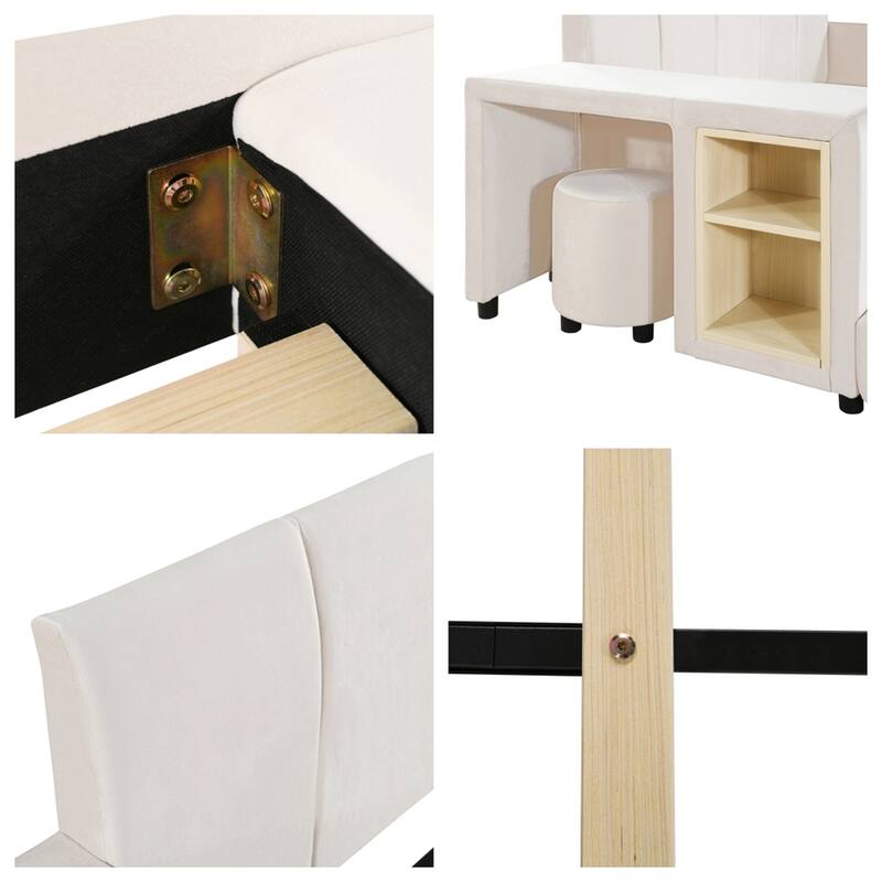 Full Upholstered Grounded Bed w/ Bedside Desk & Little Round Stool
