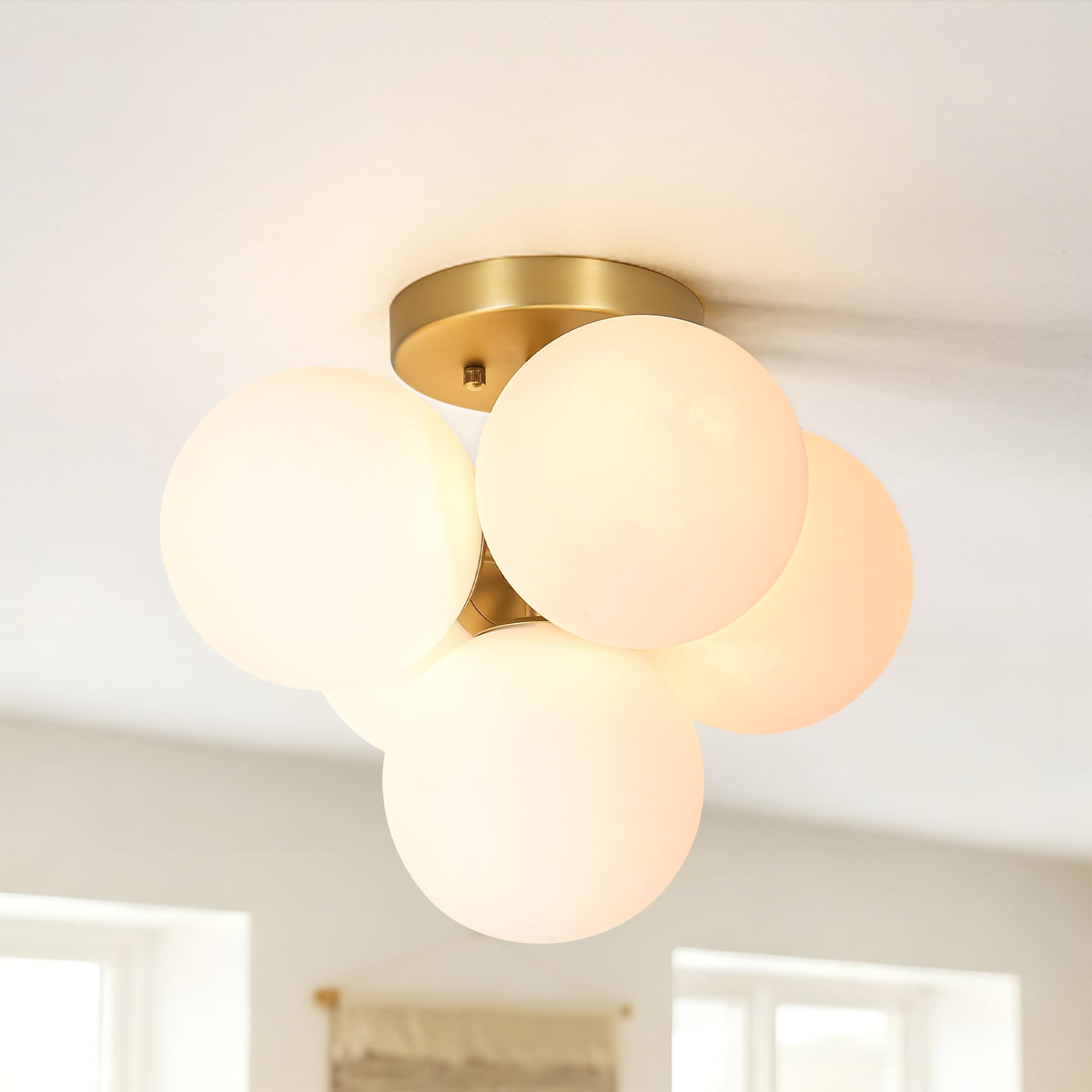 Rennnsan 5-Light Modern Gold Frosted Glass Globe Semi-Flush Mount Light - 15 in. diameter × 12.2 in. height