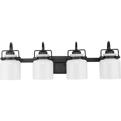 Fessler Collection Four-Light Matte Black Opal Glass Farmhouse Bath Light - 29.12 in x 7.12 in x 9.12 in