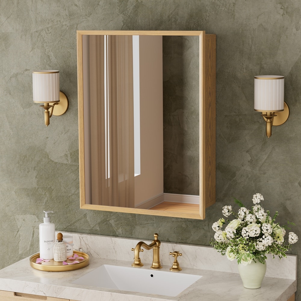 Reno Wood Medicine Cabinet with Mirror, Adjustable Shelves, Oak, Recessed/Wall Mount