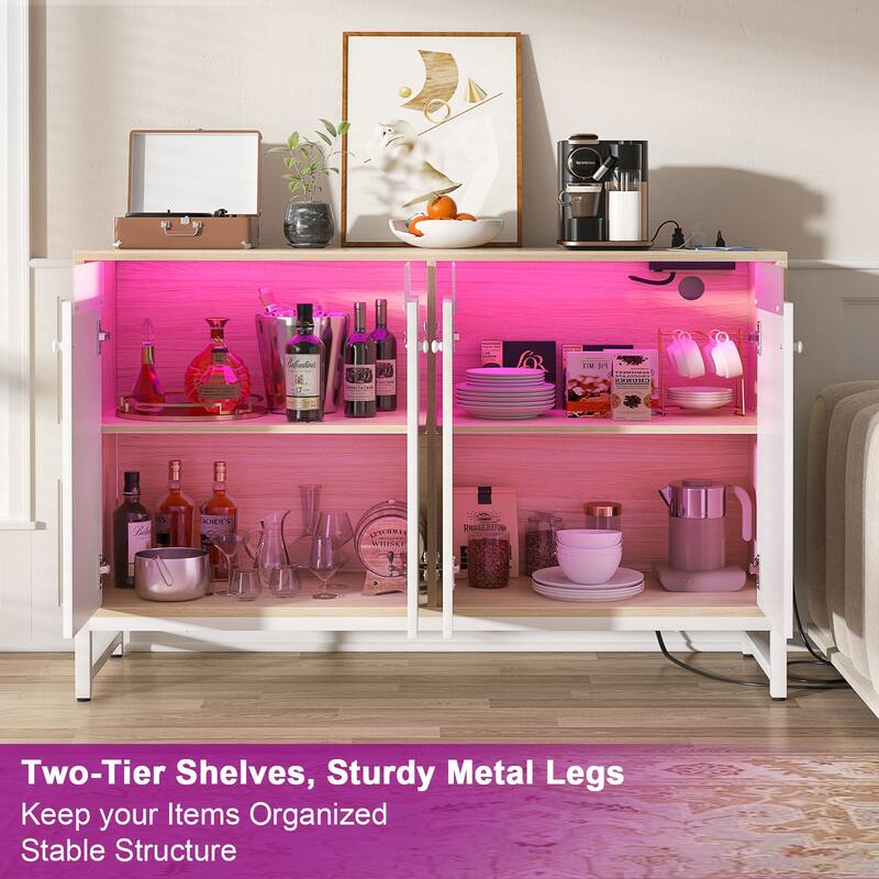 4 Doors Accent Cabinet with Power Outlet, Buffet Cabinet Storage Bar Cabinet with LED Light