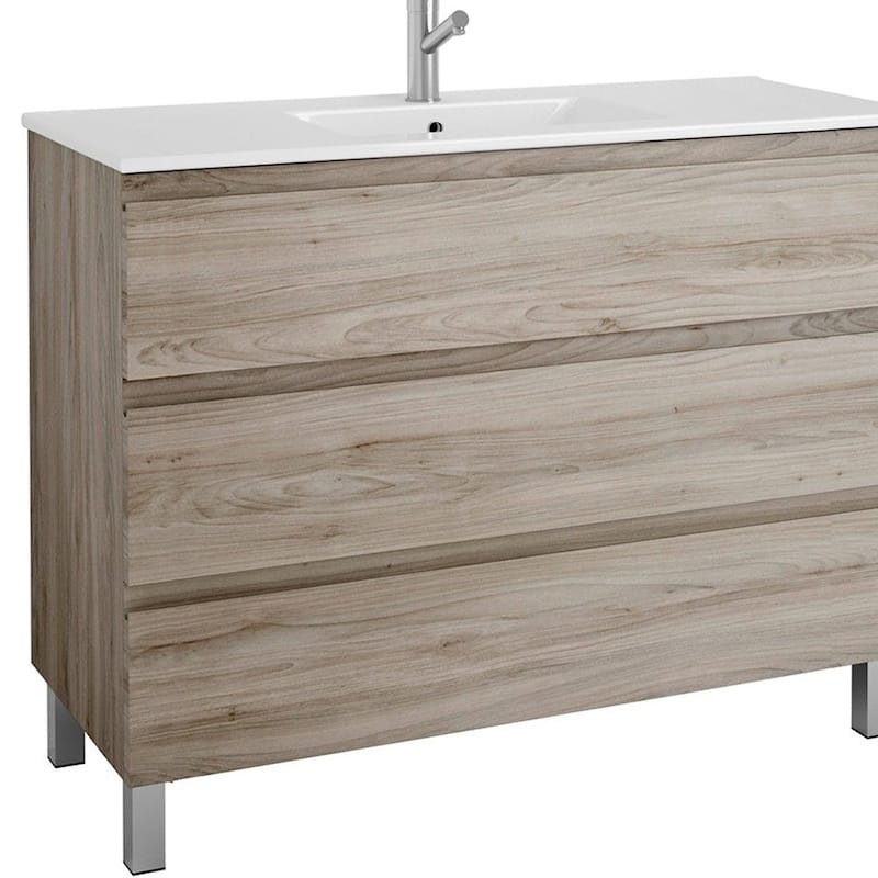 HomeRoots 48" Natural Wood Freestanding Bathroom Vanity With White Sink And Three Drawers - 48.00 in. x 39.06 in. x 18.10 in.