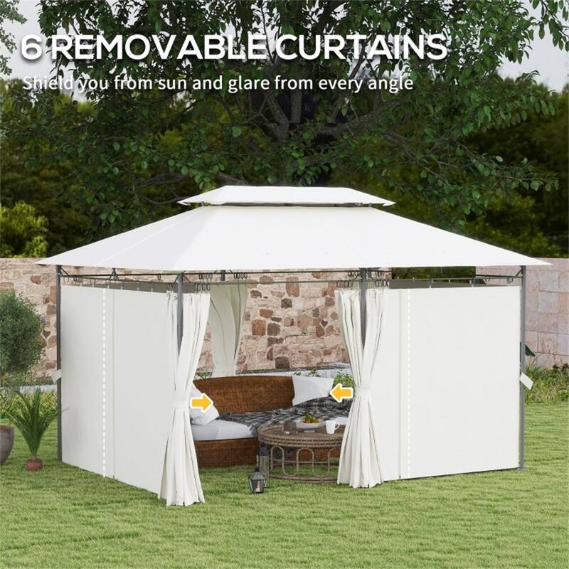 Large Metal Deck Gazebo with Two-Tier Roof and Removable Curtains Water-Drain Design for 12-Person