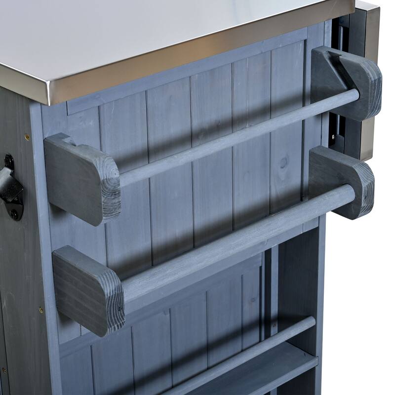 Extendable 41.9" Outdoor Kitchen Island with Stainless Steel Top and Side Spice Rack, Kitchen Cart with Drawers, Storage Cabinet