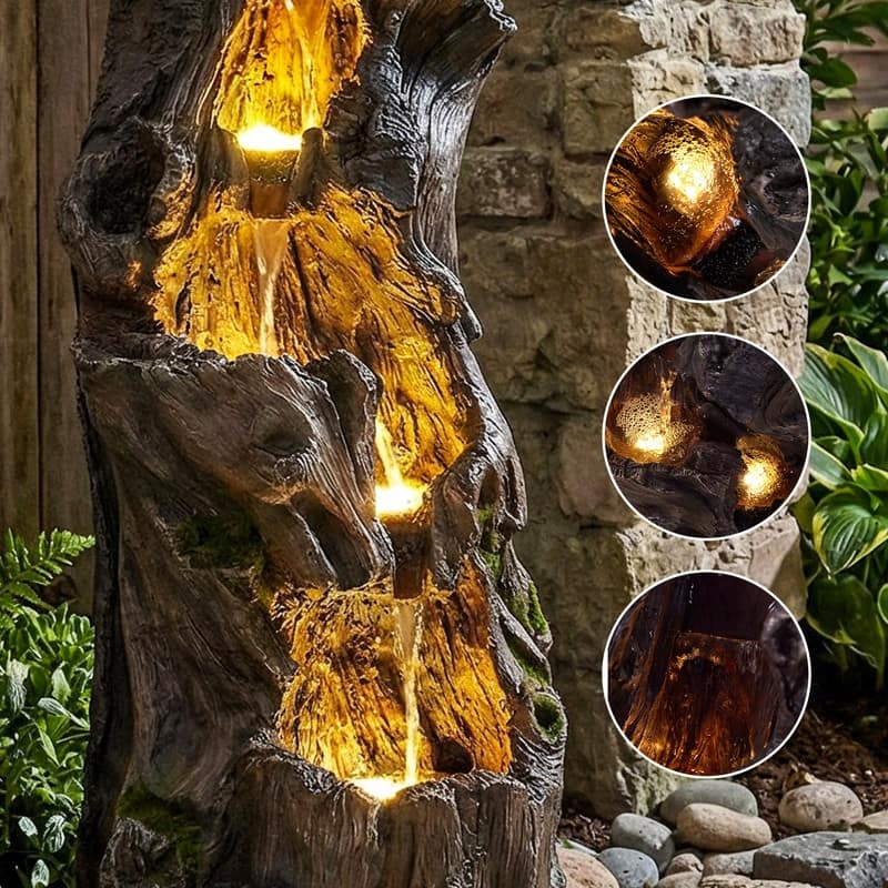 3 Tier Log Look Outdoor Water Fountain with Natural Stream Sound and Lights