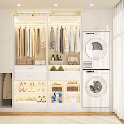 Set of 2 Freestanding Closet System with 3 Wood Drawer and 2 Hanging Rods, Walk-in Closet Organizer with Shoe Rack
