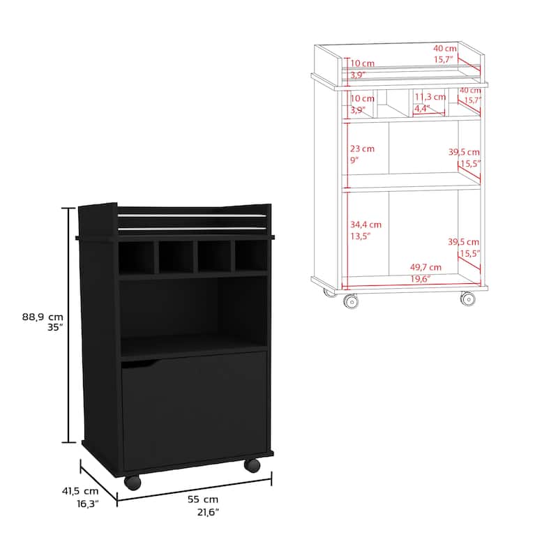 Bar Cart with 2 Open Shelves 4 Cubbies and Cabinet