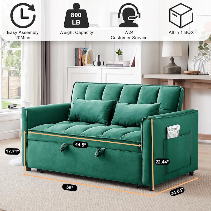 3 in 1 Convertible Sleeper Sofa Bed, Futon Couches for Living Room with Side Pocket, Adjustable Backrest