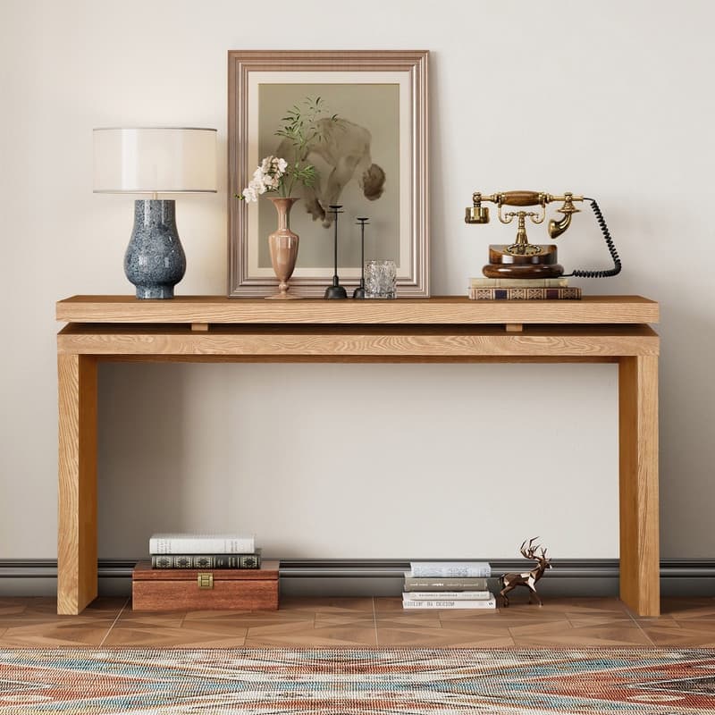 Farmhouse 60" Console Table, Solid Wood Entryway Table with Double Board Suspension Design