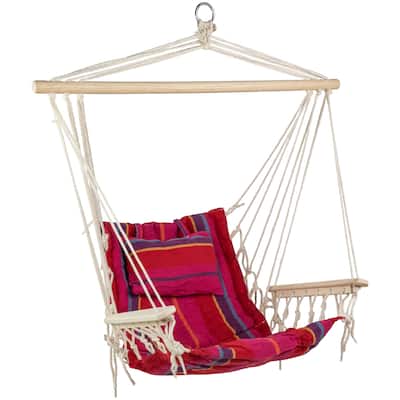 37" Pink and Red Striped Outdoor Hammock Chair with Pillow - 44"