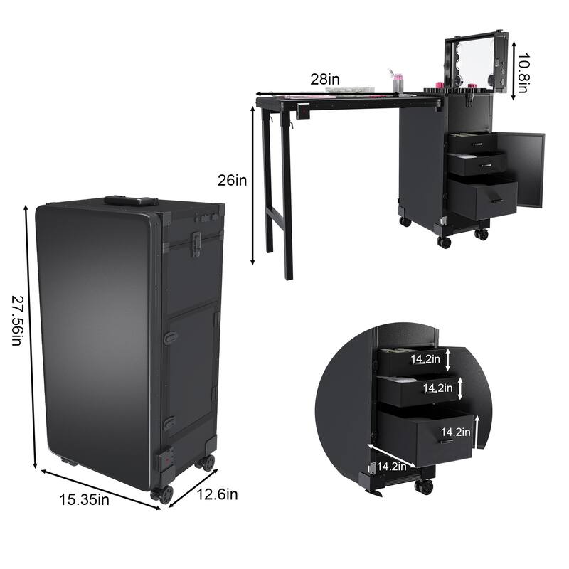 Portable Nail Art Table w/ LED Mirror, Bluetooth, Lockable Drawers, Telescopic Pole - Folding Manicure Station for Salons