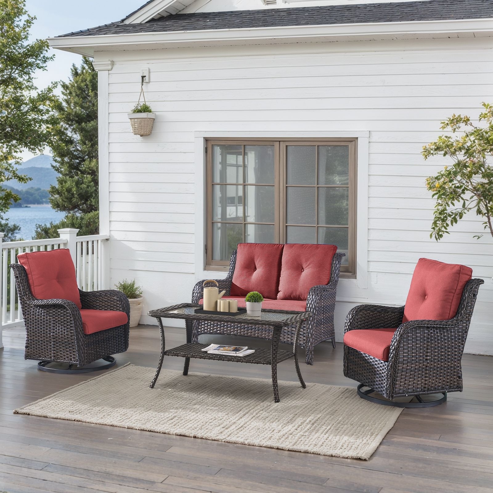 Outdoor Swivel Chairs with Loveseat Coffee Table Brown-Red - Brown