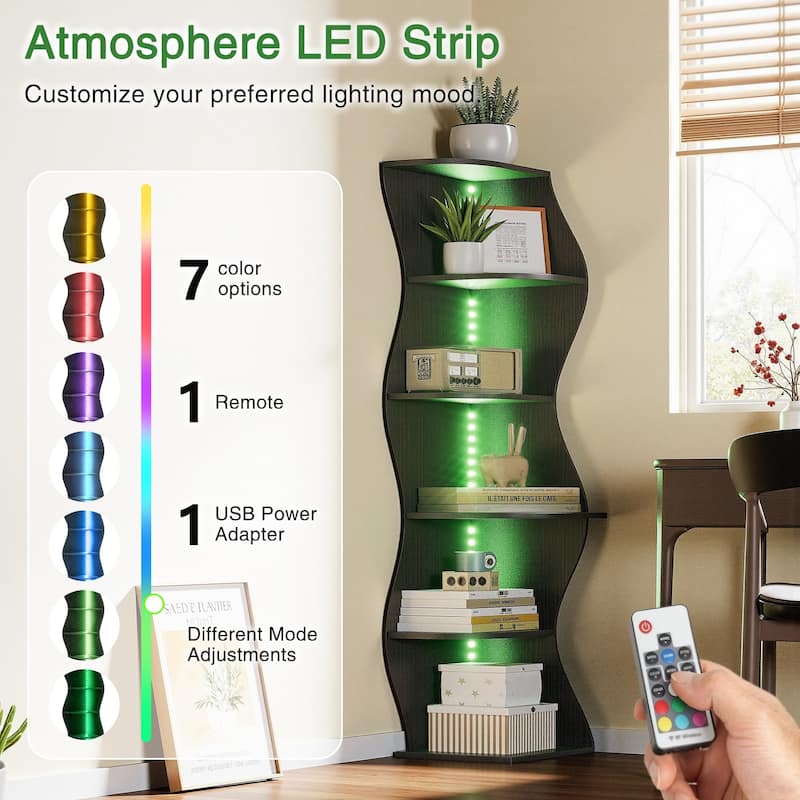 Javlergo 5-Tier Corner Bookshelf with LED Light Strip Seagrass Wave Design Tall Corner Bookcase with Lights for Living Room