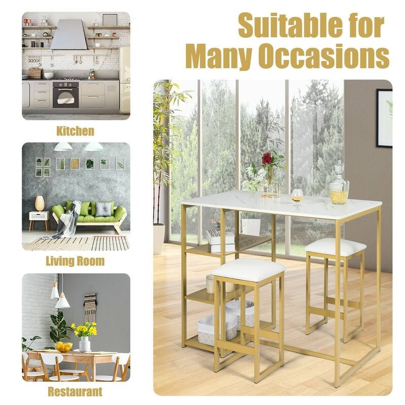 3 pcs Dining Set with Faux Marble Top Table and 2 Stools