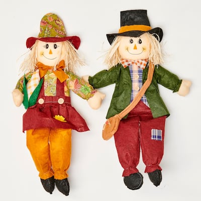 24" Sitting Boy & Girl Scarecrow w/ Sack or Corn, Set of 2