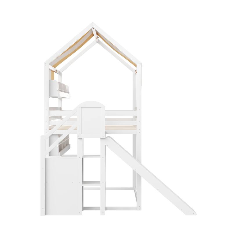 Roomfitters Full Size House Loft Bed with Canopy, Slide and Bookshelves