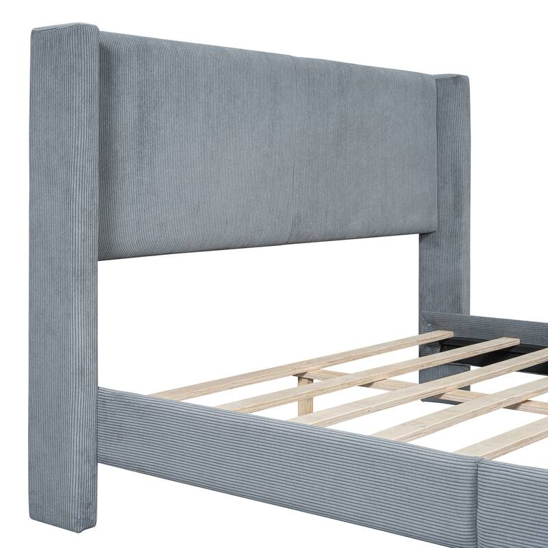 Queen Size Corduroy Platform Bed with Metal Legs, Gray