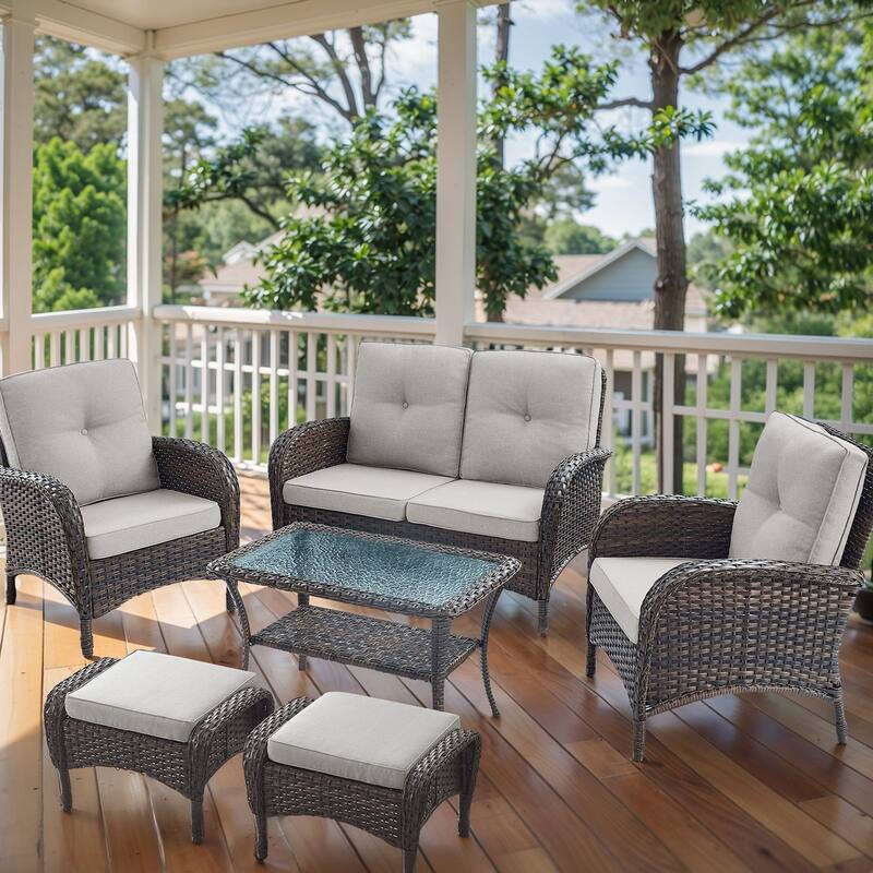 Patio Chairs Ottomans with Loveseat Coffee Table - Beige - Brown