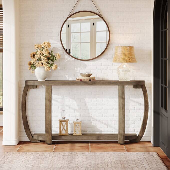 63-Inch Wooden Console Table, Long Entryway Table with Curved Legs