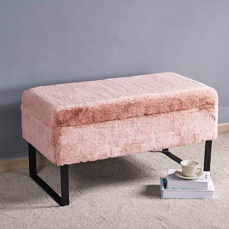 Heavy FauxFur Storage Ottoman with 2 Pillow Set