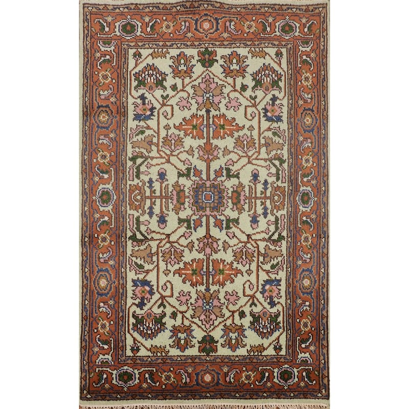 Light Green Heriz Serapi Indian Accent Rug Handmade Wool Carpet - 3'10" X 6'3"