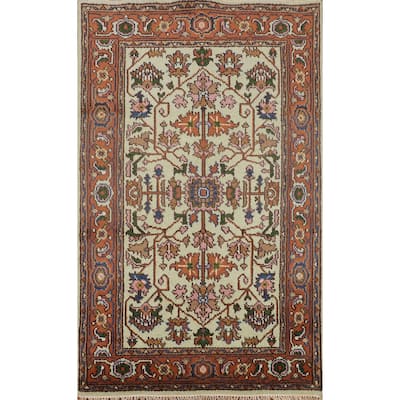 Light Green Heriz Serapi Indian Accent Rug Handmade Wool Carpet - 3'10" X 6'3"