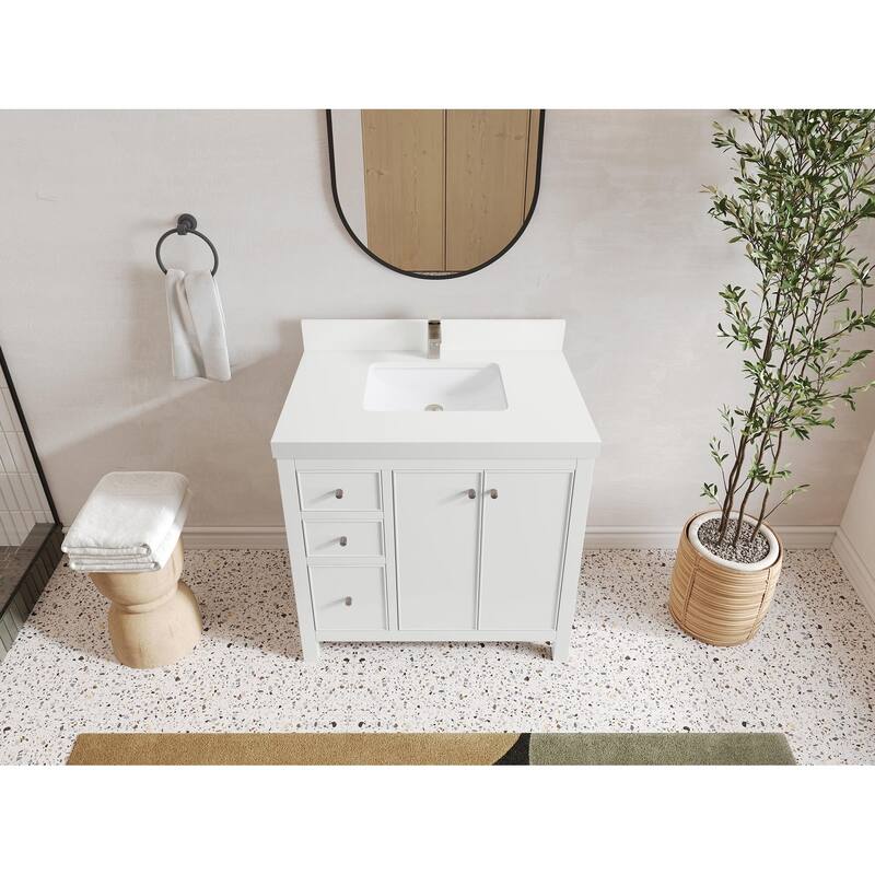 Willow Collections 36 in. W x 22 in. D Chicago Center Sink Right Bathroom Vanity with Countertop - 2” White Quartz - White
