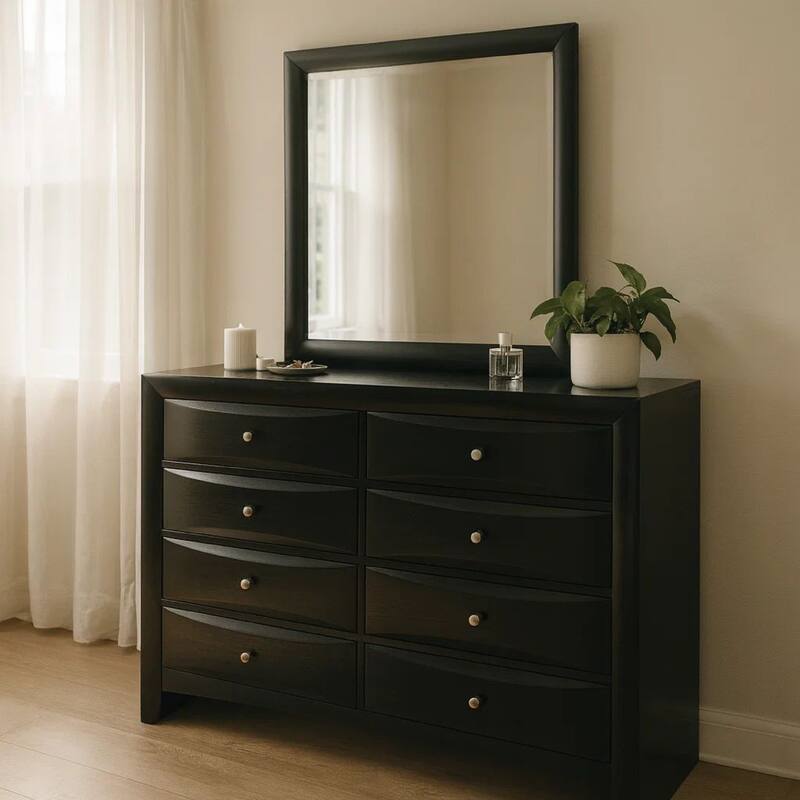 Ica 2pc Wide Dresser and Mirror Set, Chambered Fronts, Black Wood
