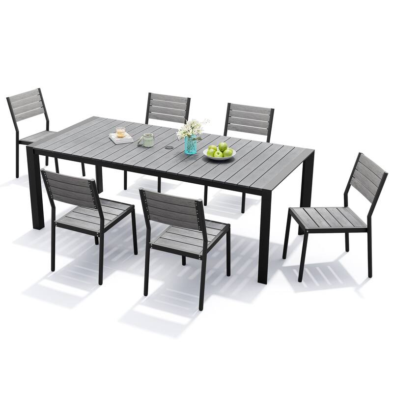 Outdoor 7-Piece Patio Dining Set Stackable Chairs and Dining Table with Umbrella Hole - Grey