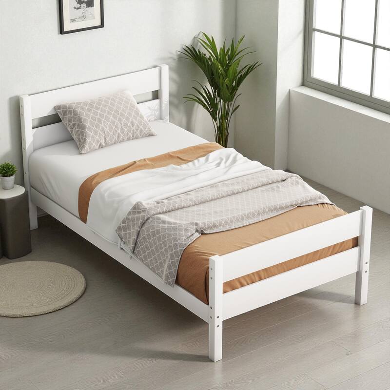 Twin Bed with Headboard and Footboard, Solid Rubber Wood Frame with Under-Bed Storage and Durable Slat Support