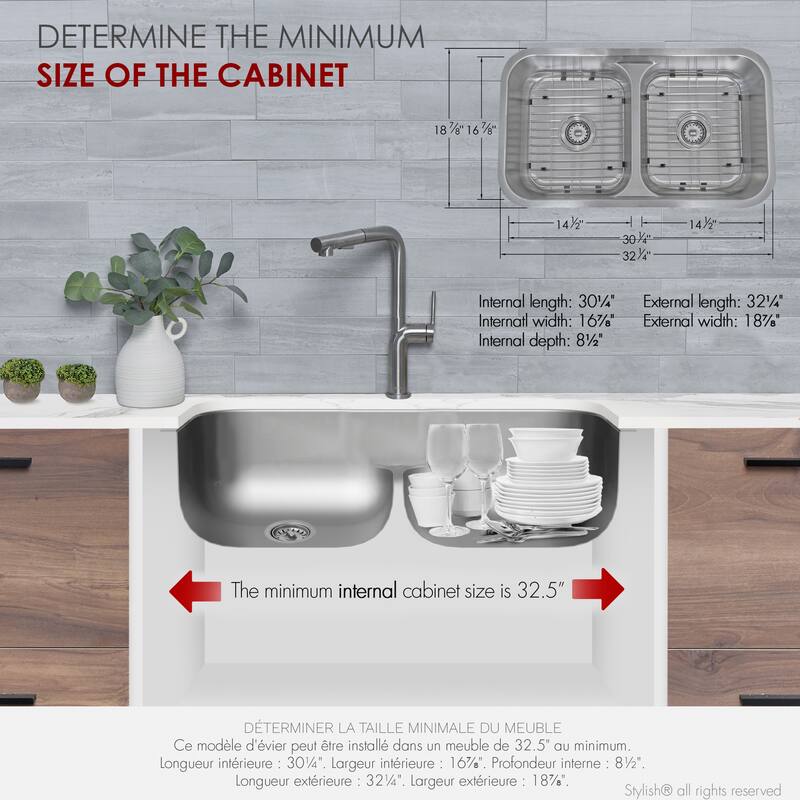 STYLISH 32.25 inch Low Divider Double Bowl Undermount and Drop-in Kitchen Sink - 32.25" x 18.9" x 9"