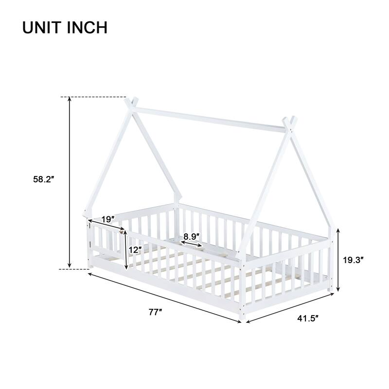 Tent-Shaped Floor Bed, Wooden Kids Teepee Bed with Fence and Door