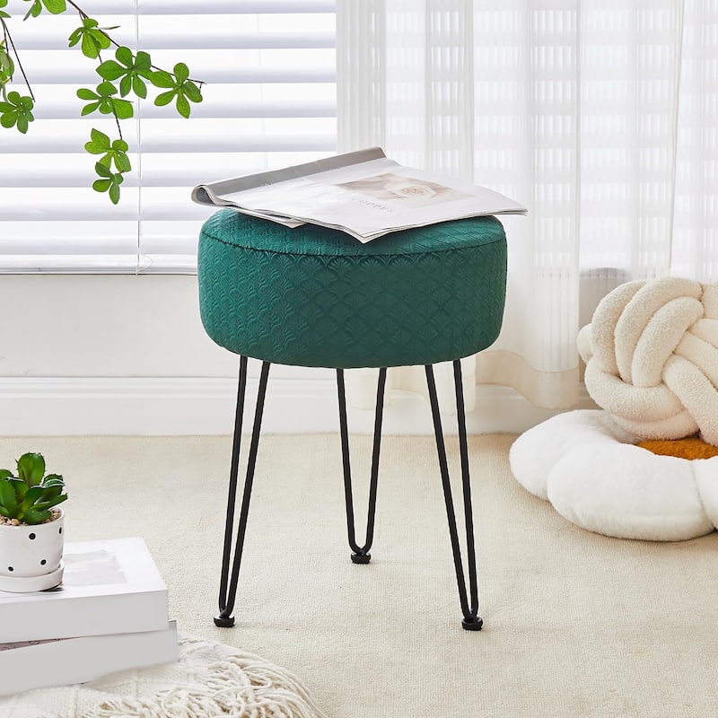 Modern Velvet Ottoman Footstool with Cushioned Seat and Metal Frame for Bedroom or Living Room - 13”L x 13”W x 17”H
