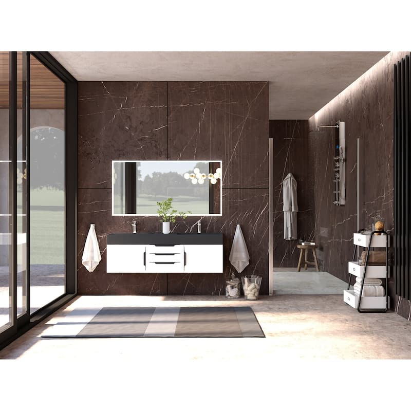 Amazon 60" Wall Mounted Bathroom Vanity Set w/ Black Top
