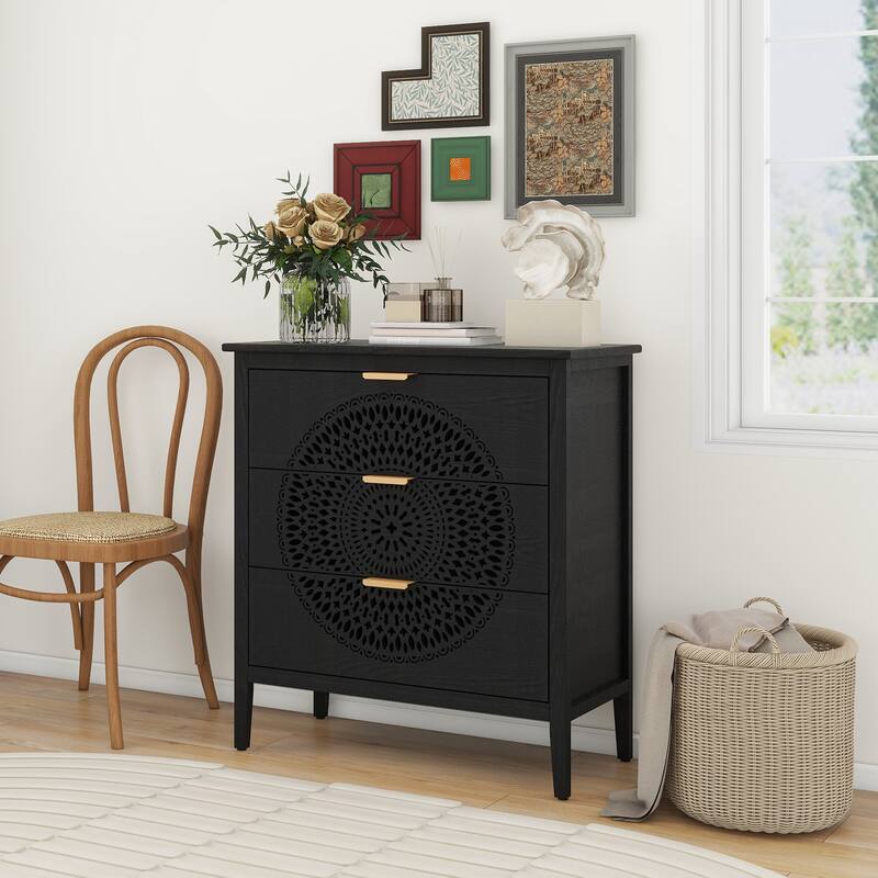 3-Drawer Storage Cabinet with Pine Legs & Metal Handles for Entryway or Bedroom Organization - Black