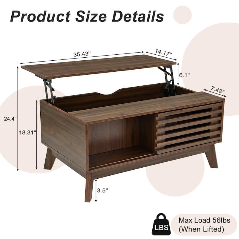 35.4"Lift Top Coffee Table with Storage, Mid Century Modern Coffee Table with Slatted Sliding Door and Hidden Compartment