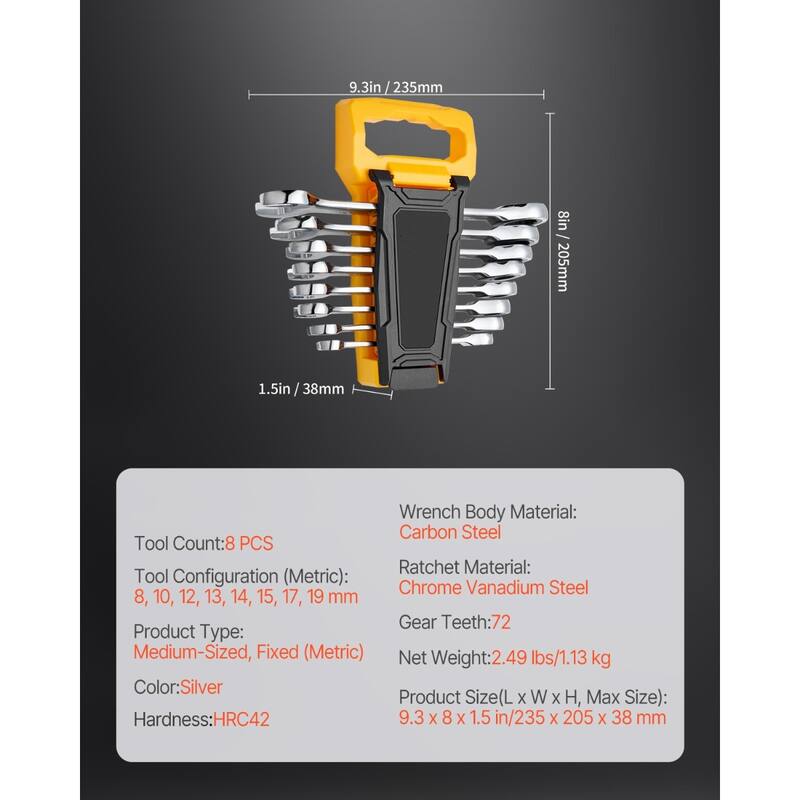 8-Piece Chrome Vanadium Steel Combination Wrench Set with Organizer Rack - 9.3 x 8 x 1.5 in