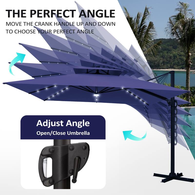 11 FT Square Outdoor Patio Cantilever Umbrella with Solar Lights 4-Piece Premium Base Double Canopy 360 Rotation Tilt