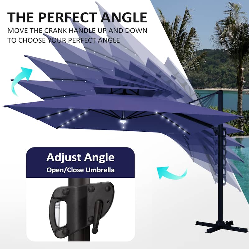 Pellebant 11X11 FT Outdoor Square Cantilever Patio Umbrella Solar LED Lighted with Wheel Base