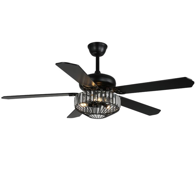 42"/52" Modern Crystal Ceiling Fan with Light, 5 Wood Blades, DC Motor, Remote, Dual Downrods
