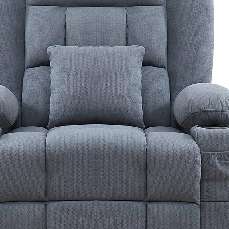 HomeRoots 38" Blue Tufted Cotton Blend Heated Massage Manual Swivel Recliner With USB