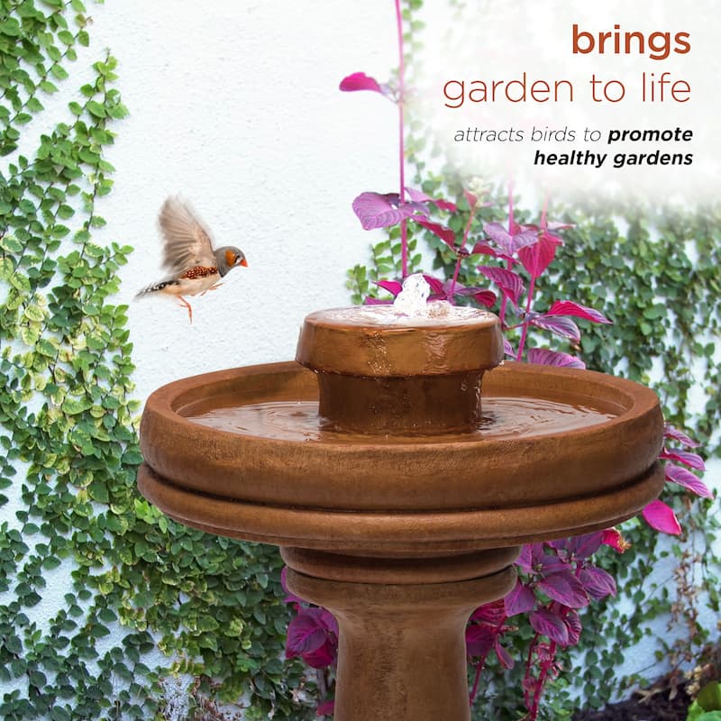Alpine Corporation TZL202 Outdoor Floor Vintage Pedestal Water Fountain with Bird Bath and LED Lights, 29", Brown