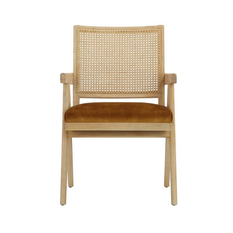 Isha 24 Inch Armchair with Cane Back, Gold Brown Velvet, Brown Wood Frame