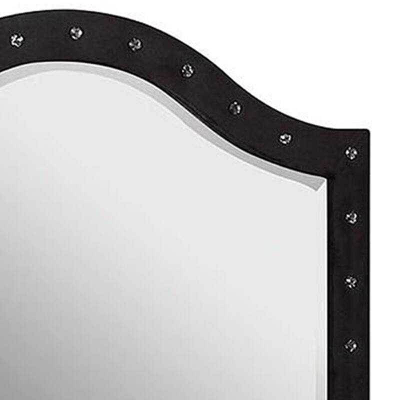 Rea Dresser Vanity Mirror, Crystal Tufted Black Velvet Upholstered Arched Frame