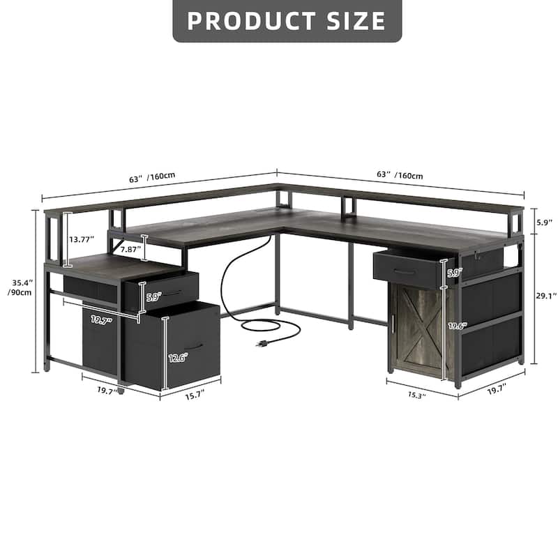 Moasis 63" Corner L Shaped LED Computer Desk with Drawers & Power Outlets
