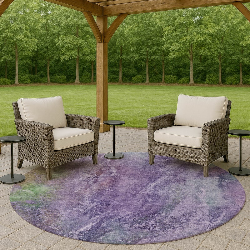 Machine Washable Indoor/ Outdoor Abstract Watercolor Chantille Rug - Purple - 8' x 8'