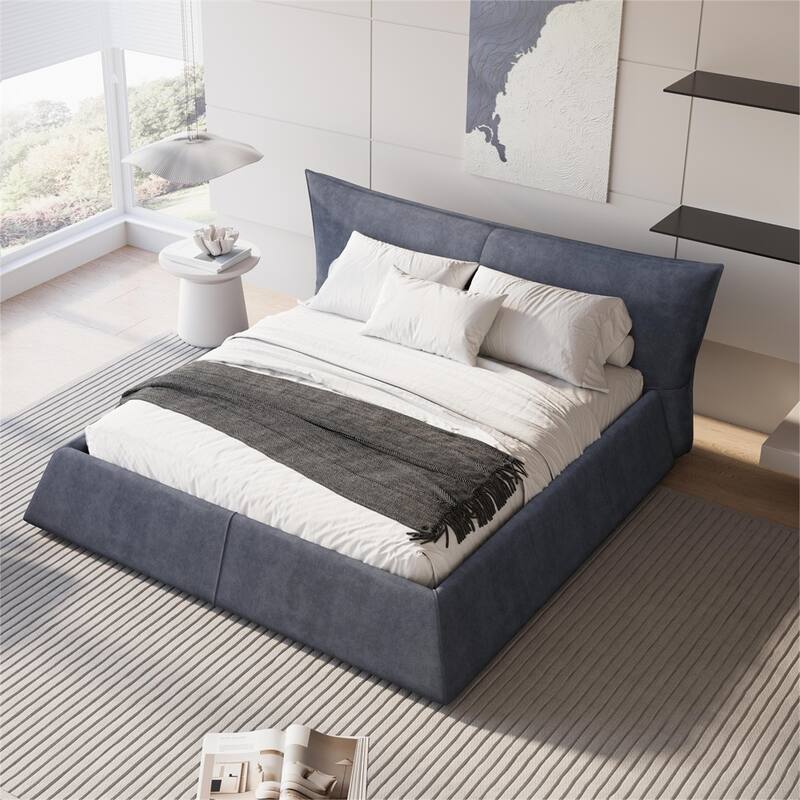 King Size Upholstered Platform Bed with Velvet Headboard & Wood Frame