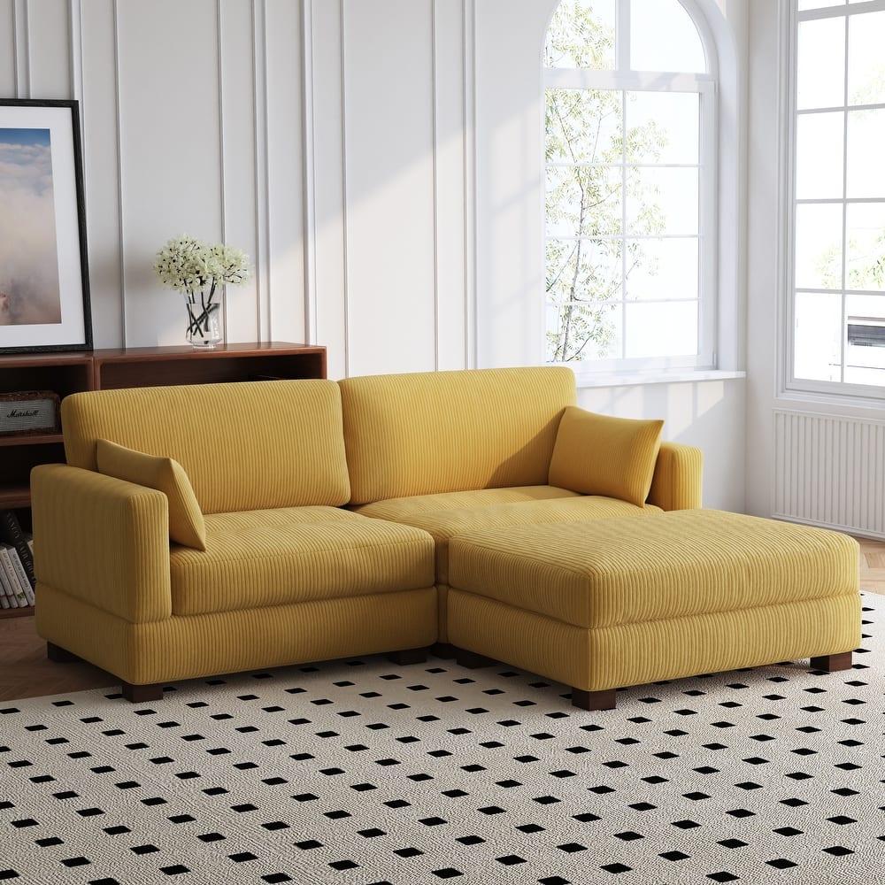 84'' L-Shaped Corduroy Comfy Couch Modular Sectional Sofa With Ottoman